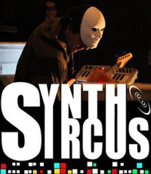 Synth Syrcus logo with man in mask playing the guitar
